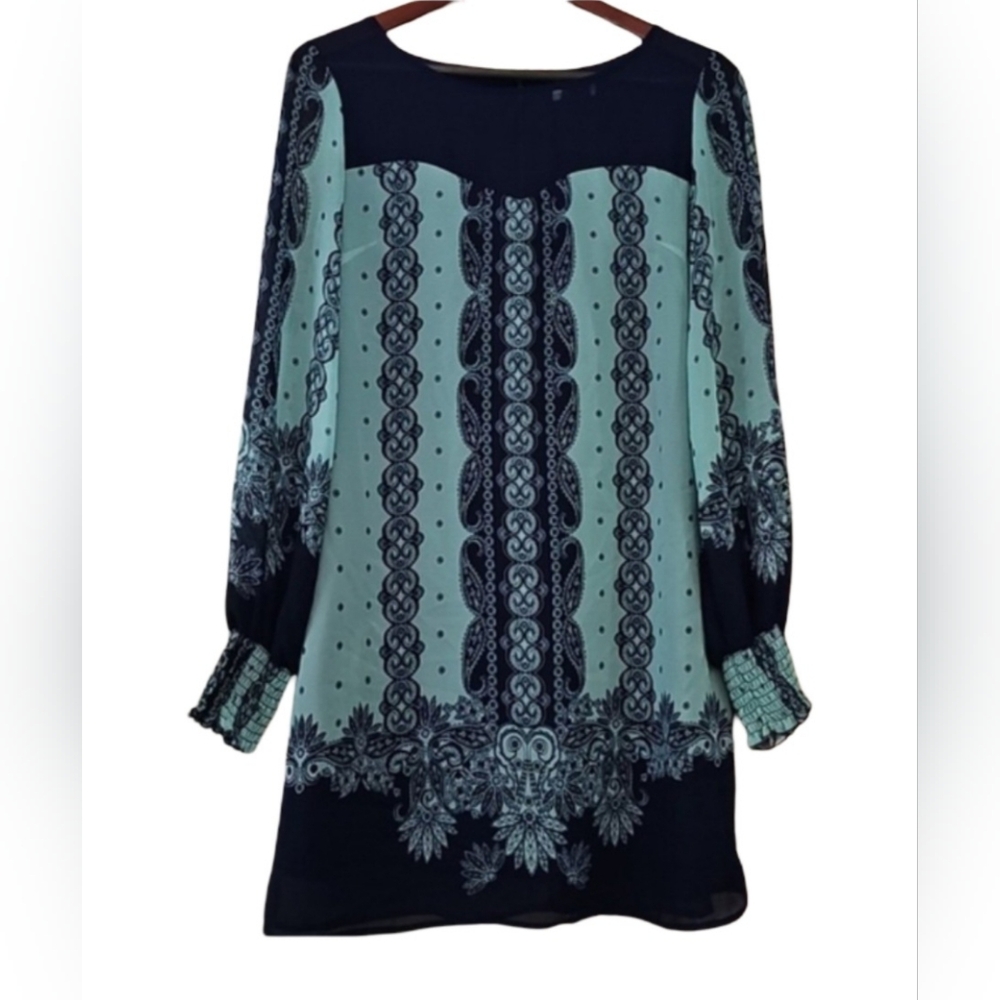 Sheer Lined Mini Dress Vintage Charm Country Boho Chic Seafoam & Navy Western